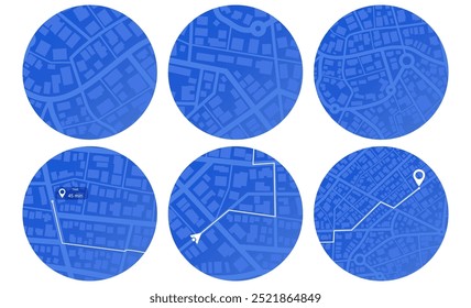 Set of Gps map navigation. View from above map buildings. Detailed view of city. Abstract background. Flat style, Vector, illustration isolated