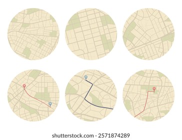 Set of Gps map navigation. View from above road map. Detailed view of city. Abstract background. Flat style, Vector, illustration isolated