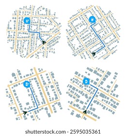 Set of Gps map navigation. View from above road map. Detailed view of city. Abstract background. Flat style, Vector, illustration isolated