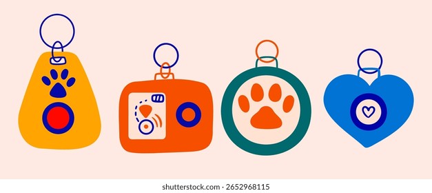 Set of gps pet trackers keychains of different shapes and colors. Vector clipart.