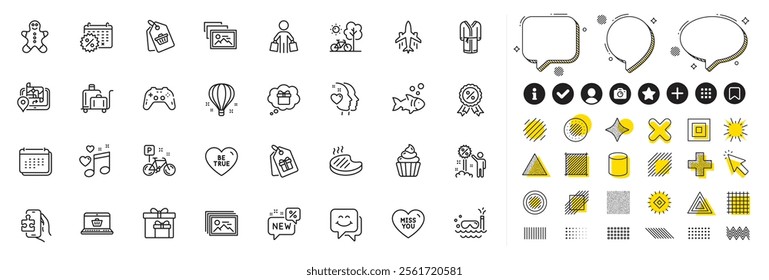 Set of Gps, Sale tag and Air balloon line icons for web app. Design elements, Social media icons. Gamepad, Puzzle game, Discount icons. Online shopping, Miss you, Coupons signs. Vector