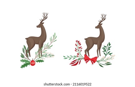 Set of graceful deers with tree branches, berries. Christmas holidays design element cartoon vector illustration