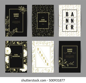 Set of graceful floral banner template design. Invitation posters with black and gold flowers and floral patterns. Vector illustration