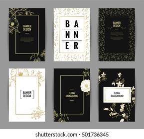 Set of graceful floral banner template design. Invitation posters with black and gold flowers and floral seamless patterns. Vector illustration