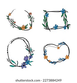 Set of graceful frames with flowers, twigs, leaves. Decorated photo frames.