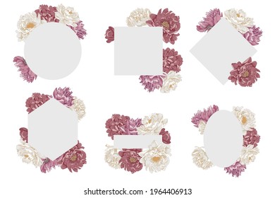Set of graceful frames with peony flowers. 