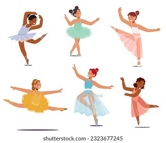 Set of Graceful Little Ballerina Girl Characters Twirl In Tutu, Capturing Hearts With Every Delicate Movement, Taking Flight On The Dance Floor. Female Baby Dancers. Cartoon People Vector Illustration