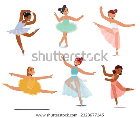 Set of Graceful Little Ballerina Girl Characters Twirl In Tutu, Capturing Hearts With Every Delicate Movement, Taking Flight On The Dance Floor. Female Baby Dancers. Cartoon People Vector Illustration