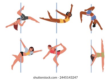 Set of Graceful Pole Dancers Move With Fluidity, Body Bending And Extending Around The Poles. Girl Characters Exuding Strength, Elegance, And Captivating Allure. Cartoon People Vector Illustration