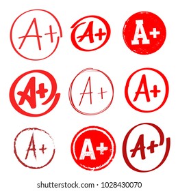 Set of grade result A+. Hand drawn grade with plus in circle. Freehand drawing. Vector illustration. Isolated on white background