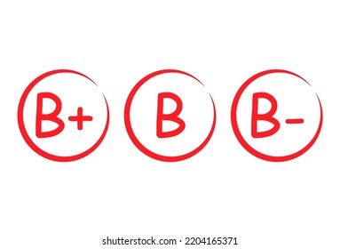 Set of Grade result B. Hand drawn icon in red circle. Test exam mark report vector illustration .