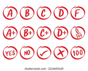 Set of grades in red circles on white background. Test Score Report Tick Skip Yes No Excellent school or college hand drawn results. vector illustration.