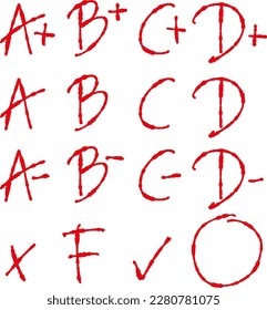 Set of Grades at School. Grade Results in red. Vector Illustration. Isolated background, hand drawn 