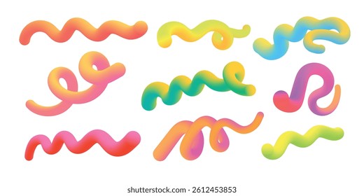 Set of Gradient 3D lines. Abstract wavy colorful ribbons. Modern rainbow fluid waves. Vibrant flowing curves. Vector illustration isolated on white background.