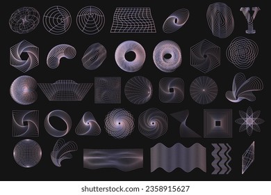 Set of gradient abstract y2k geometric wireframe elements, shapes. Retro elements