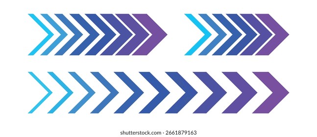 Conjunto de setas de gradiente formas divisórias em design roxo azul vibrante mostrando o progresso da direção do movimento velocidade de navegação isolada interface vetorial gráficos estilo moderno abstrato