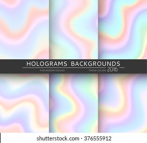 Set of gradient backgrounds. Bright hologram covers card. Holographic pattern colorful blurred paint realistic effect. Vector illustration