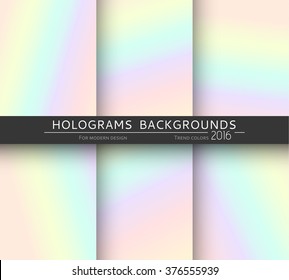 Set of gradient backgrounds. Bright hologram covers card. Holographic pattern colorful blurred paint realistic effect. Vector illustration