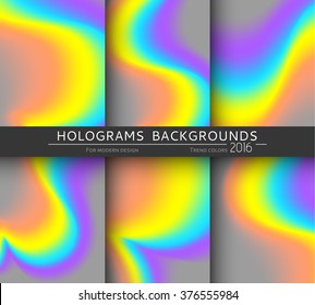 Set of gradient backgrounds. Bright hologram covers card. Holographic pattern colorful blurred paint realistic effect. Vector illustration