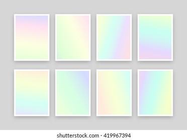 Set Of Gradient Backgrounds. Bright Hologram Covers Card. Holographic Pattern Colorful Blurred Paint Effect. Vector Illustration