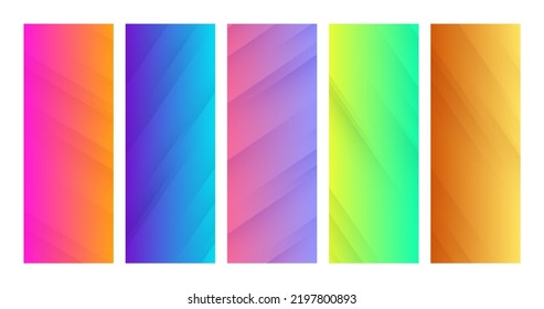 Set of gradient backgrounds with diagonal lines. Colorful backdrop with lines with shadows. Modern abstract vector design template