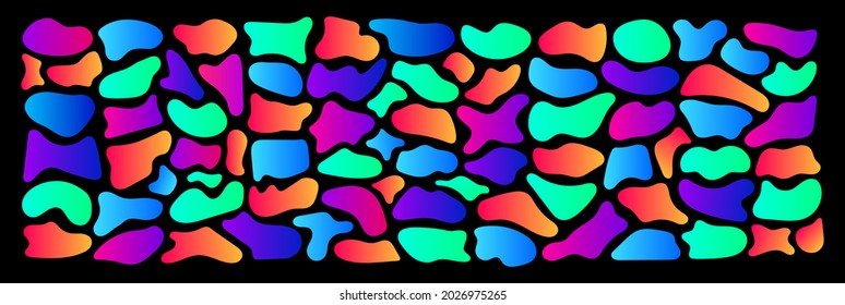 Set Of Gradient Blob Liquid Elements. Pebble Shapes In Neon Colors. Modern Fluid Gradient Elements. Abstract Backgrounds For Club Party Invitation, Web, Advertisement. Vector Illustration