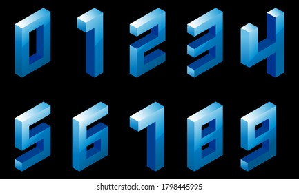 Set of gradient blue numbers in isometric style. Isolated on black background. Water texture