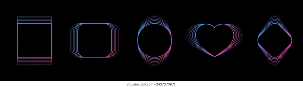 Set of gradient blue and pink abstract frames on a black background. Blended lines effect. Geometric shapes: square, circle, heart, rhombus	