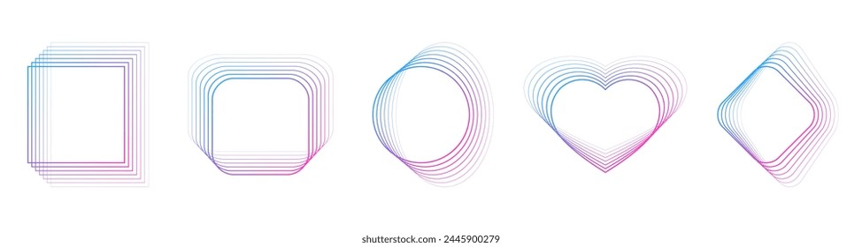 Set of gradient blue and pink abstract frames. Transparent background. Blended lines effect. Geometric shapes: square, circle, heart, rhombus. Distorted pattern