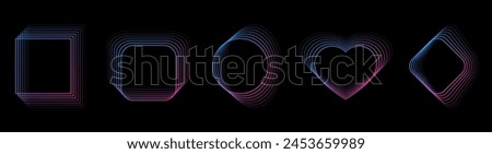 Set of gradient blue and pink abstract frames. Black background. Blended lines effect. Geometric shapes: square, circle, heart, rhombus. Distorted pattern