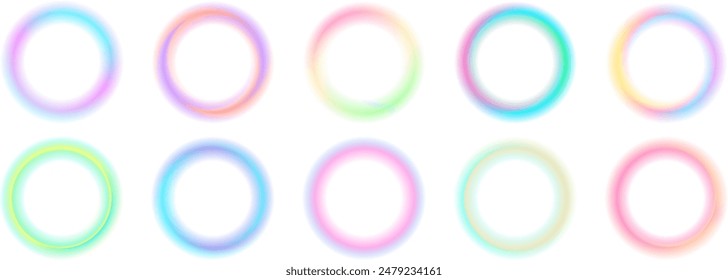 Set of gradient with blur frames on black background. Abstract three-dimensional space colored background. Collection of glowing neon color with aura round frames for websites, user interfaces. Vector