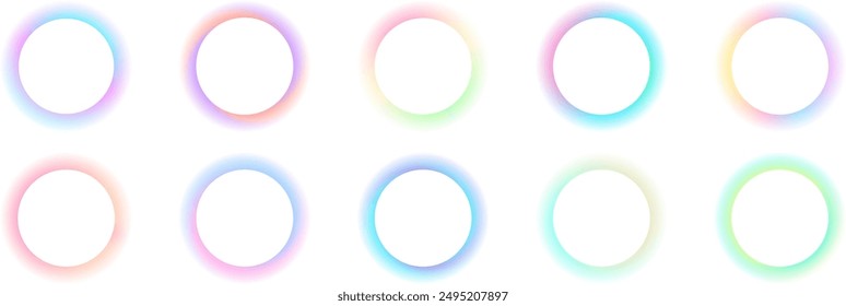 Set of gradient with blur glowing frames on white background. Collection of futuristic glowing, neon colored with aura round frames for web design . Vector Illustration.