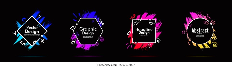 Set of gradient brush ink splashes. Text template. Art paints on dark backdrop. Design for cards, banner, invitation. 
