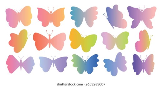 Conjunto de borboletas gradientes, ilustração vetorial. Insetos abstratos coloridos. Besouros decorativos elegantes de verão para projetos de primavera e verão.
