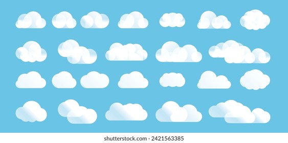 Set of gradient cartoon clouds in a flat design. Abstract white cloudy set isolated on blue background. Vector illustration.