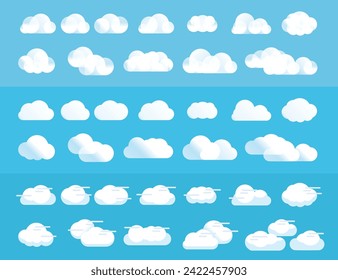 Set of gradient cartoon clouds in a flat design. Abstract white cloudy set isolated on blue background. Vector illustration.