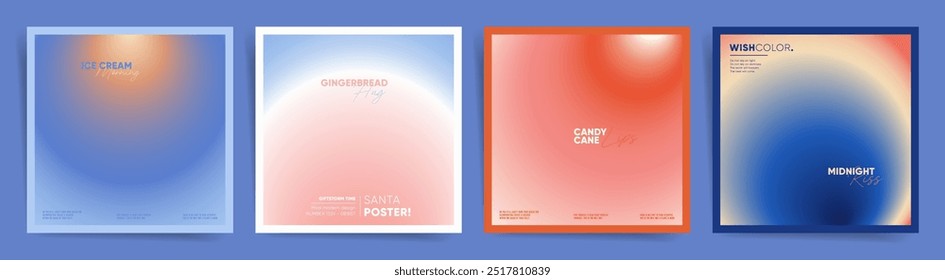 Conjunto de carteles cuadrados de Navidades degradadas con tonos suaves y texto minimalista. Diseño del año Nuevo para la tarjeta de felicitación festiva, carteles, portadas de álbumes.