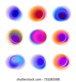 Set of gradient circles of vibrant colors. Rainbow colored collection of blurred round spots on white background. Red, pink, purple, blue transparent dots.