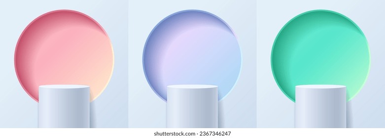 Set of gradient color pink, blue, green, yellow abstract 3D geometric circle backgrounds, white cylinder podium for displaying products, with a wall of round windows as a backdrop, Vector illustration
