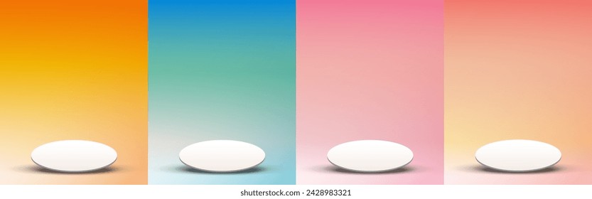 Set of gradient color scene background with white circle pedestal minimal style. Platform with for product display, advertising, show base on colorful background. Vector illustration.