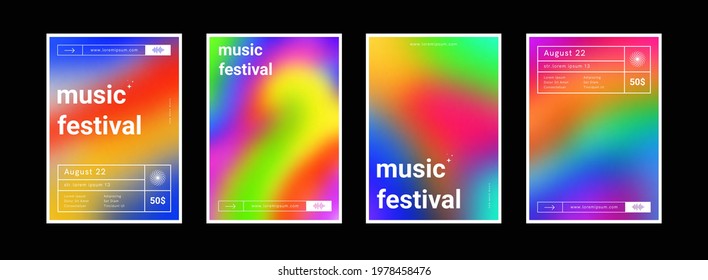 Set of gradient colorful backgrounds. Modern abstract color backdrops. Bright music festival posters collection. Psychedelic art.