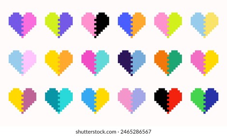 Set of gradient colorful hearts in pixel art style. Love game set. Heart gamer health sign. Pixel icon, vector illustration isolated on white background. Vector 8-bit retro style symbols