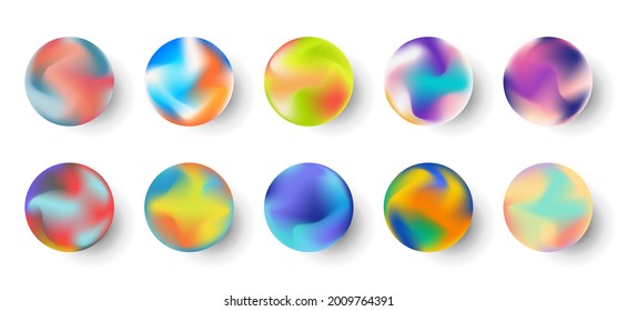 Conjunto de elementos de forma de fluido de la esfera coloreada de gradiente aislados sobre fondo blanco. Ilustración del vector