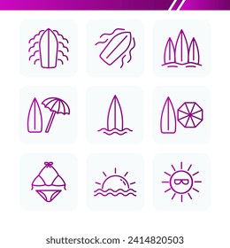 Set of gradient colorful surfing web icons in summer, set of outline icons, surfboard, sun and bikini