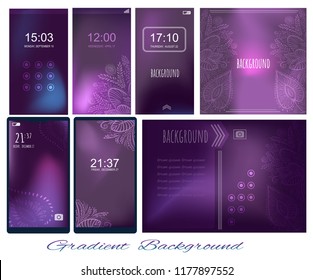 Set of Gradient dark violet backgrounds for screen, wallpaper of mobile, presentation, page. Backdrop for wise saying. Page for presentation, motivation card, page with information of plants