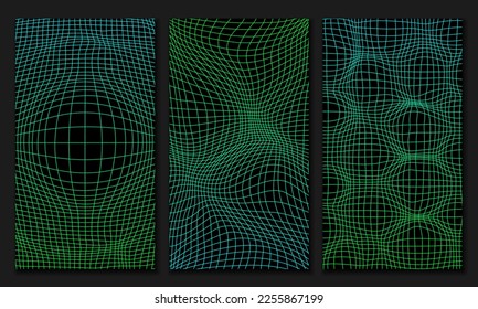 Set of Gradient distorted grid pattern. Vector illustration. Deforn grid, distortion, techno pattern wallpaper concept. Abstract digital background. 80s, 90s Retro futurism, Retro wave cyber grid