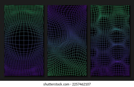 Set of Gradient distorted grid pattern. Vector illustration. Deforn grid, distortion, techno pattern wallpaper concept. Abstract digital background. 80s, 90s Retro futurism, Retro wave cyber grid