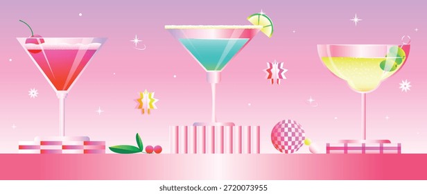 Conjunto de cócteles elegantes degradados. Alcohol para una fiesta. Ilustración vectorial. Ilustración de bebida refrescante de verano.