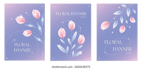 Set of gradient floral templates. Minimal modern trendy geometric style, colorful elegant design for card, print, social media, cover, banner, invitation, brochure. Abstract art, vector illustration