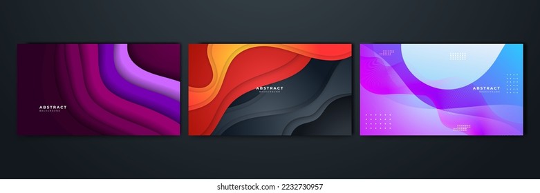 Set of gradient flowing geometric pattern background texture for poster cover design. Minimal color abstract gradient banner template. Modern vector wave shape for brochure